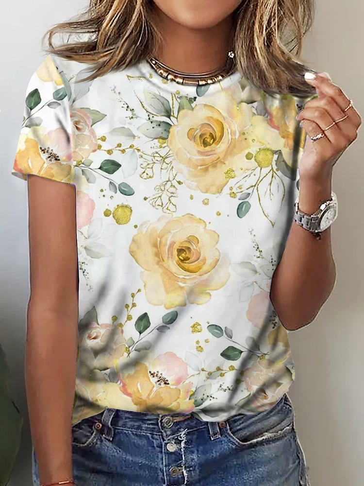 Women's Rose Print Crew Neck Floral Casual T-Shirt cc206