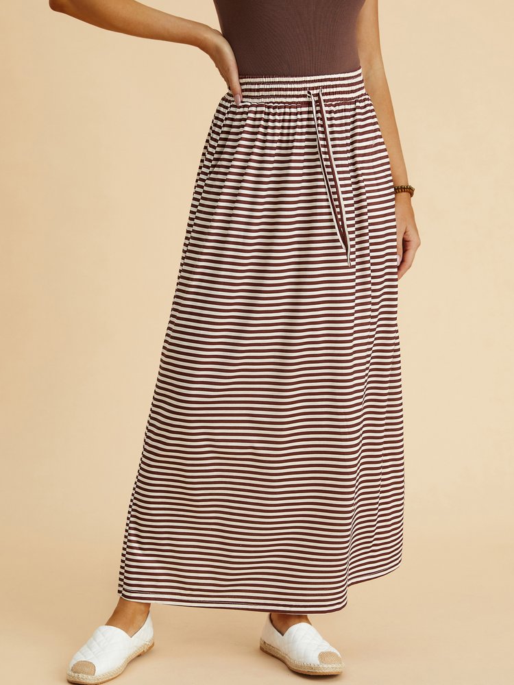 Casual Striped Elastic Waist Flared Long Skirt with Side Pockets QS109