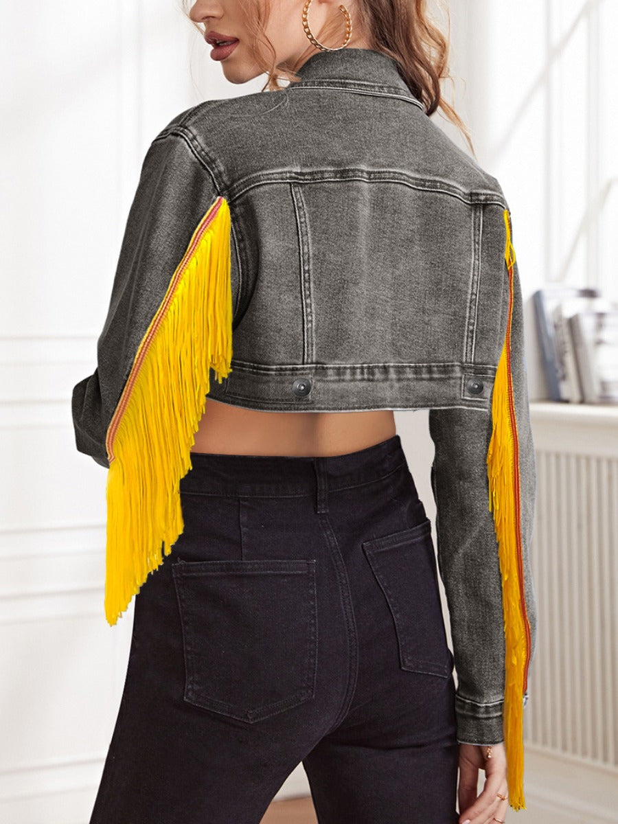 Tassel Design Crop Top Denim Jacket BO5066 Furdela