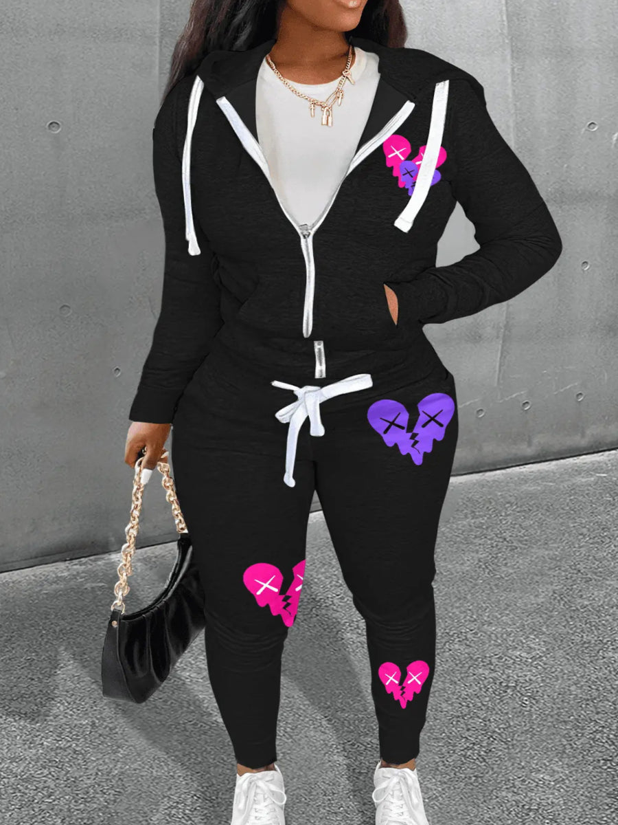 Plus Size Broken Heart Print Kangaroo Pocket Tracksuit Set AR7049