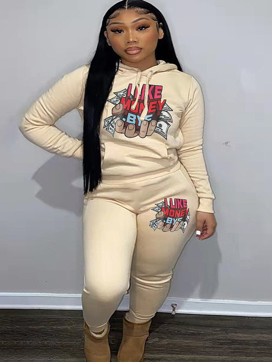 Plus Size Money Letter Print Kangaroo Pocket Tracksuit Set AR5070