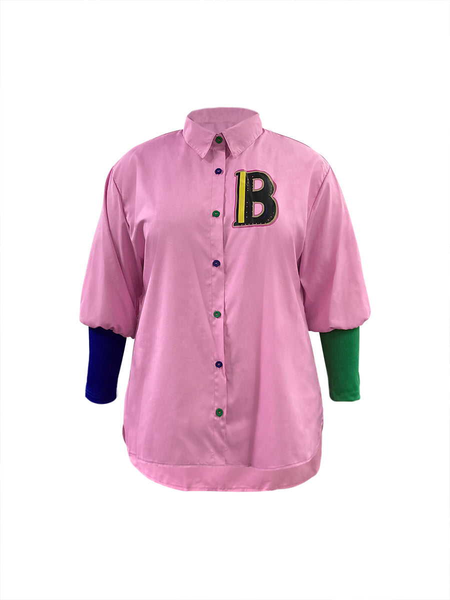 Plus Size Letter Decor Patchwork Shirt AR3064