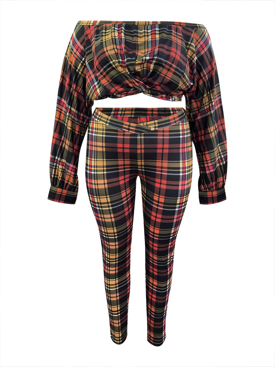 Plus Size Trendy Dew Shoulder Grid Print Purple Two-piece Pants Set BO504 Furdela