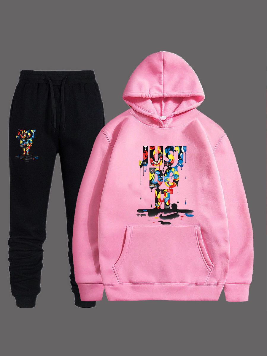 Plus Size Figure Letter Print Kangaroo Pocket Tracksuit Set AR50105