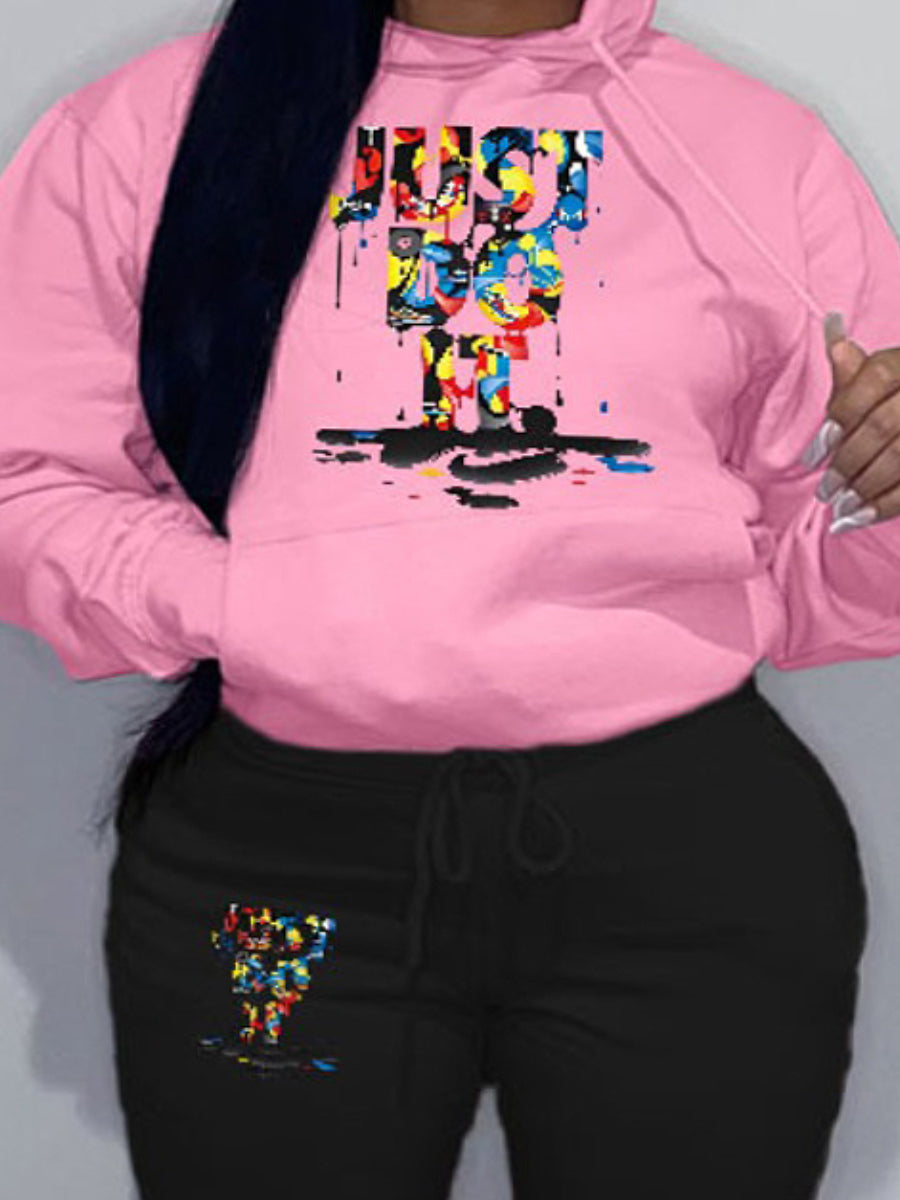 Plus Size Figure Letter Print Kangaroo Pocket Tracksuit Set AR50105