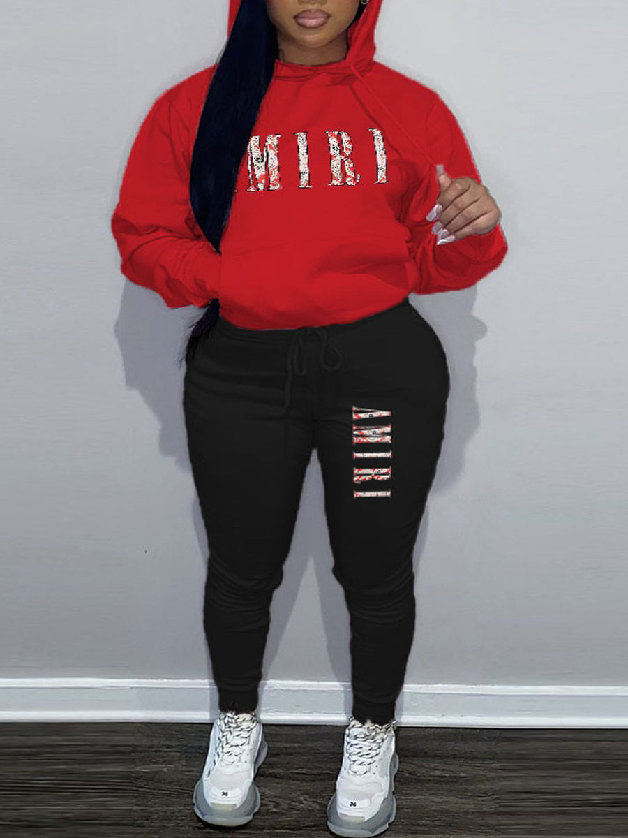 Plus Size Figure Letter Print Kangaroo Pocket Tracksuit Set AR50105