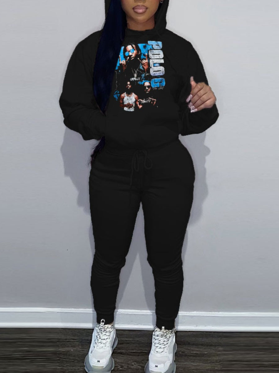 Plus Size Figure Letter Print Kangaroo Pocket Tracksuit Set AR50105
