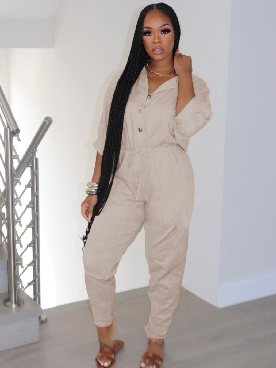 Button Design Drawstring Regular Fit Jumpsuit AR504