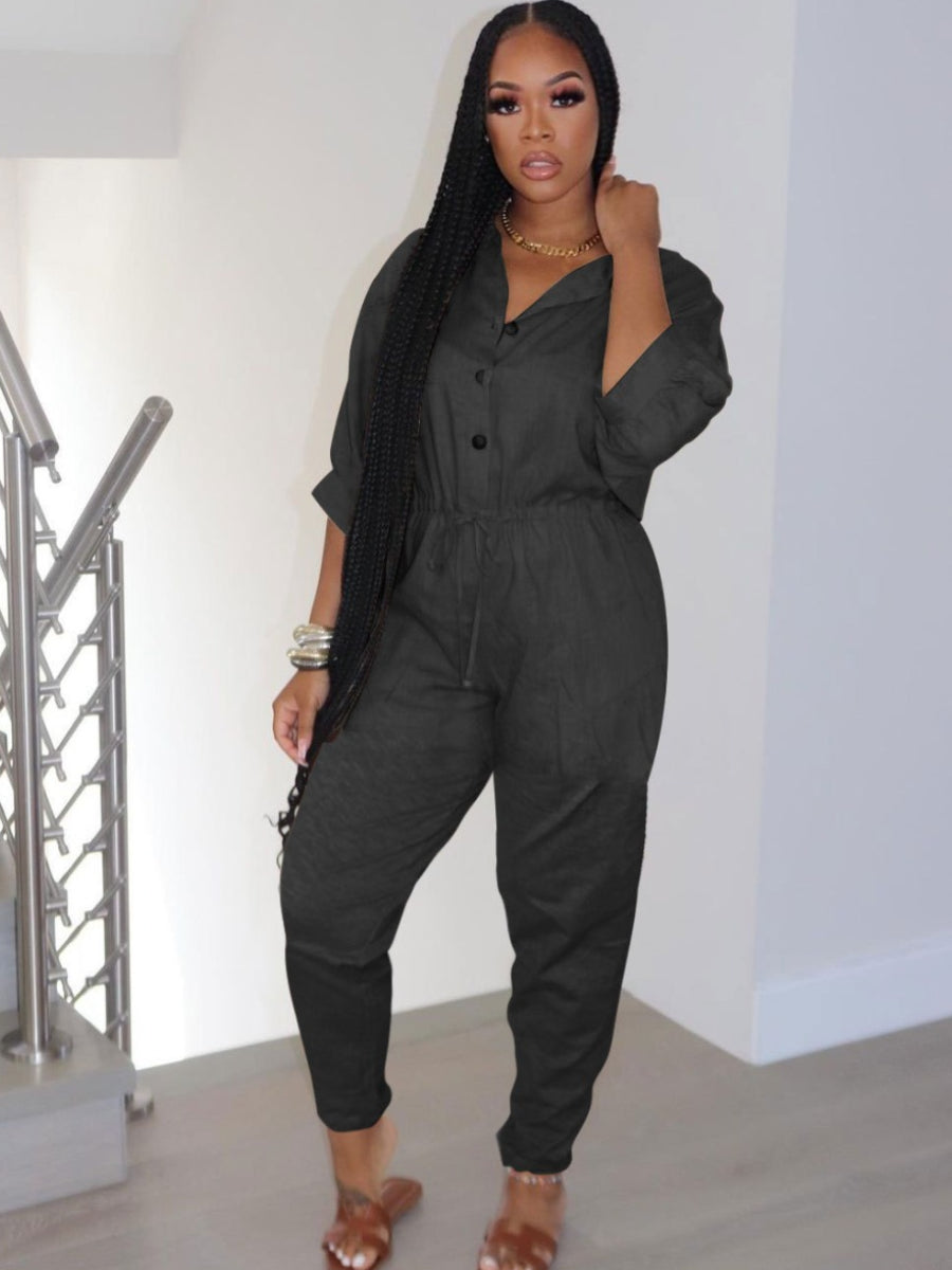 Button Design Drawstring Regular Fit Jumpsuit AR504