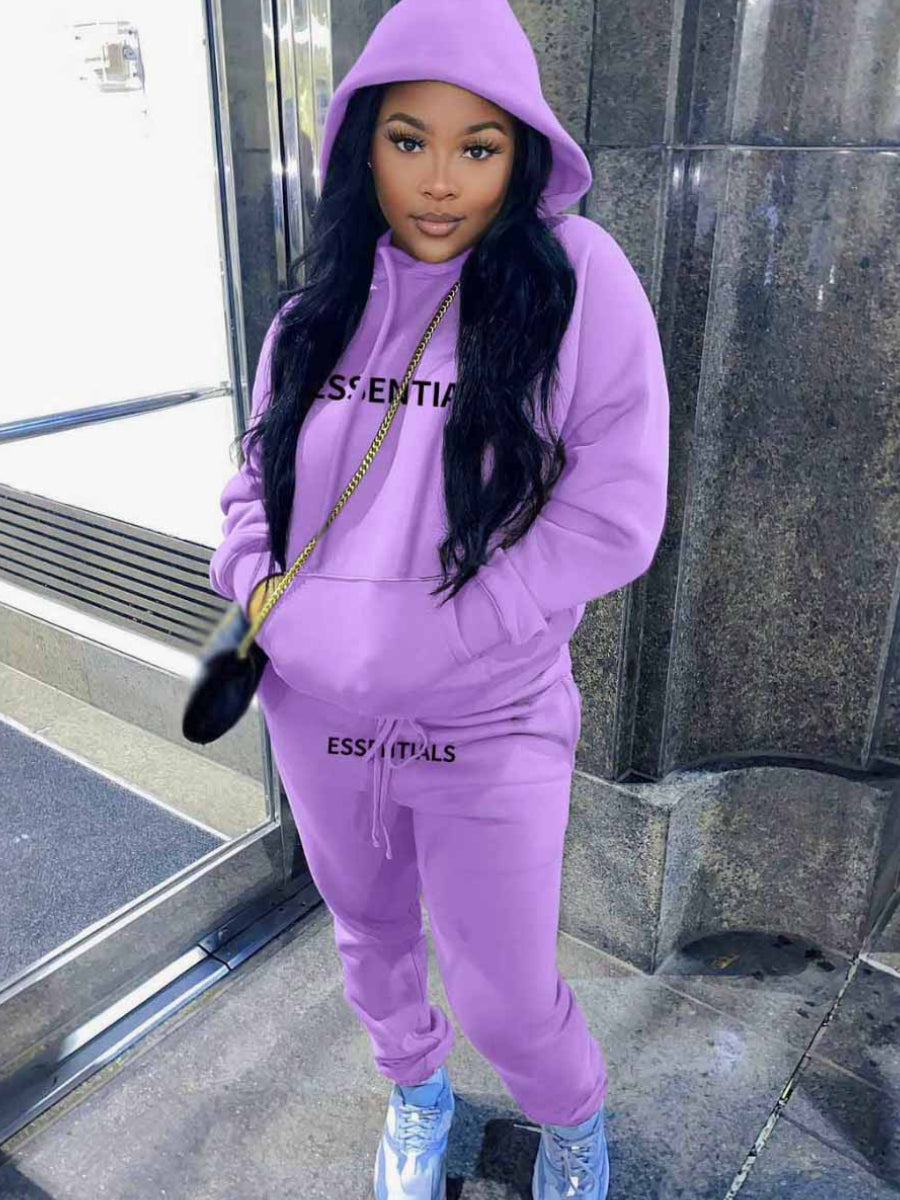 Plus Size Essentials Letter Print Kangaroo Pocket Tracksuit Set AC2044