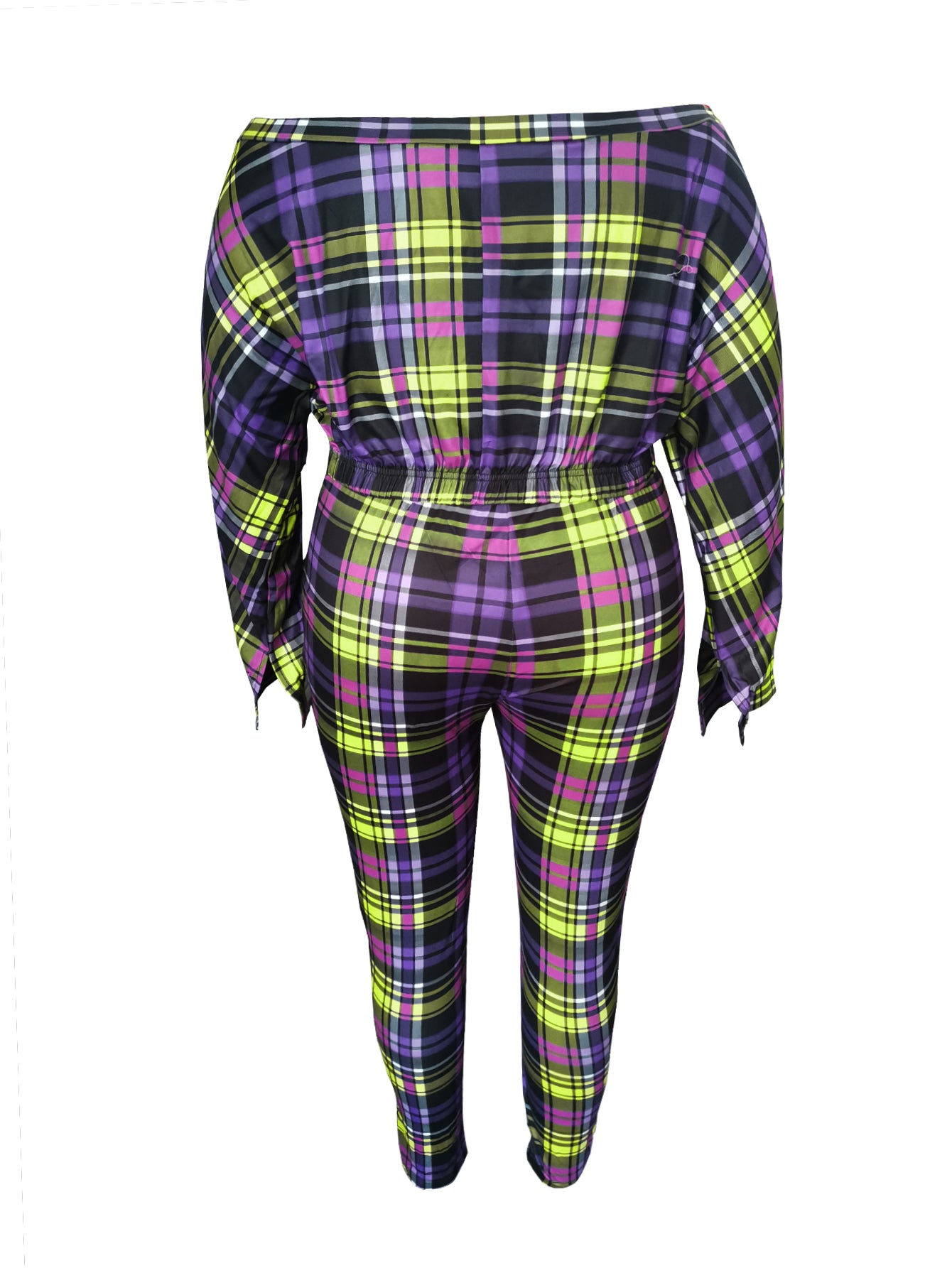 Plus Size Trendy Dew Shoulder Grid Print Purple Two-piece Pants Set BO504 Furdela