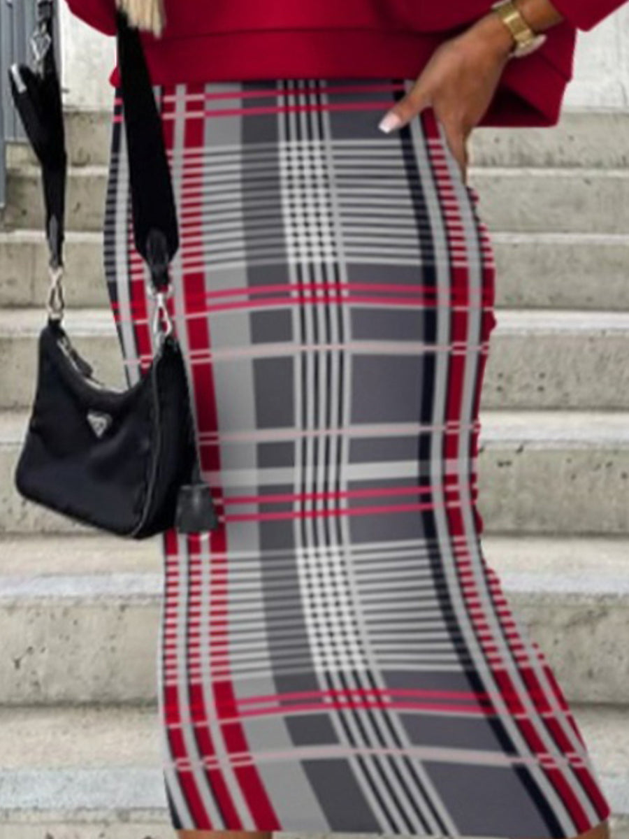 Plus Size V Neck Plaid Print Skirt Set AT9065