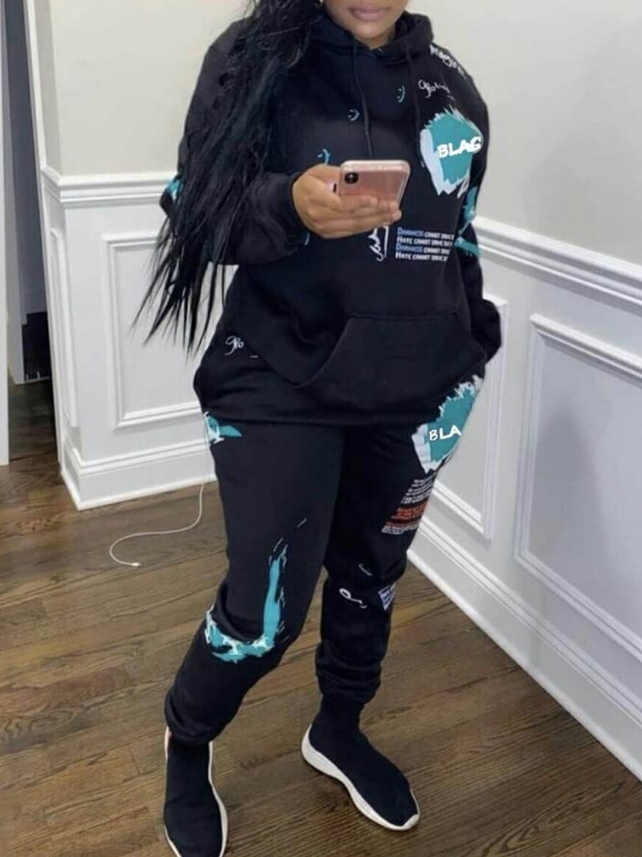 Plus Size Letter Print Kangaroo Pocket Tracksuit Set BO3011