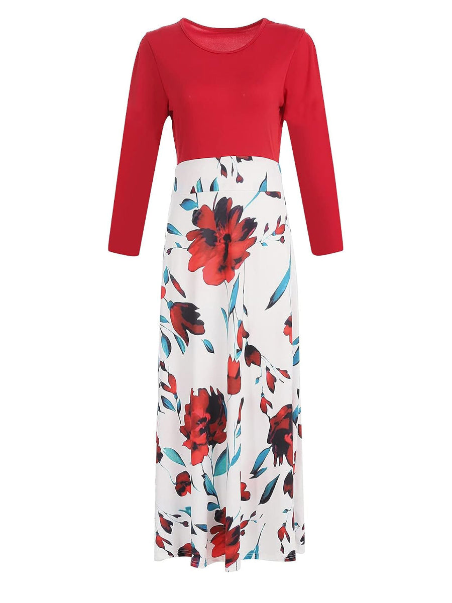 Plus Size Patchwork Pattern Print Floral Long Sleeve Regular Dress AC2046