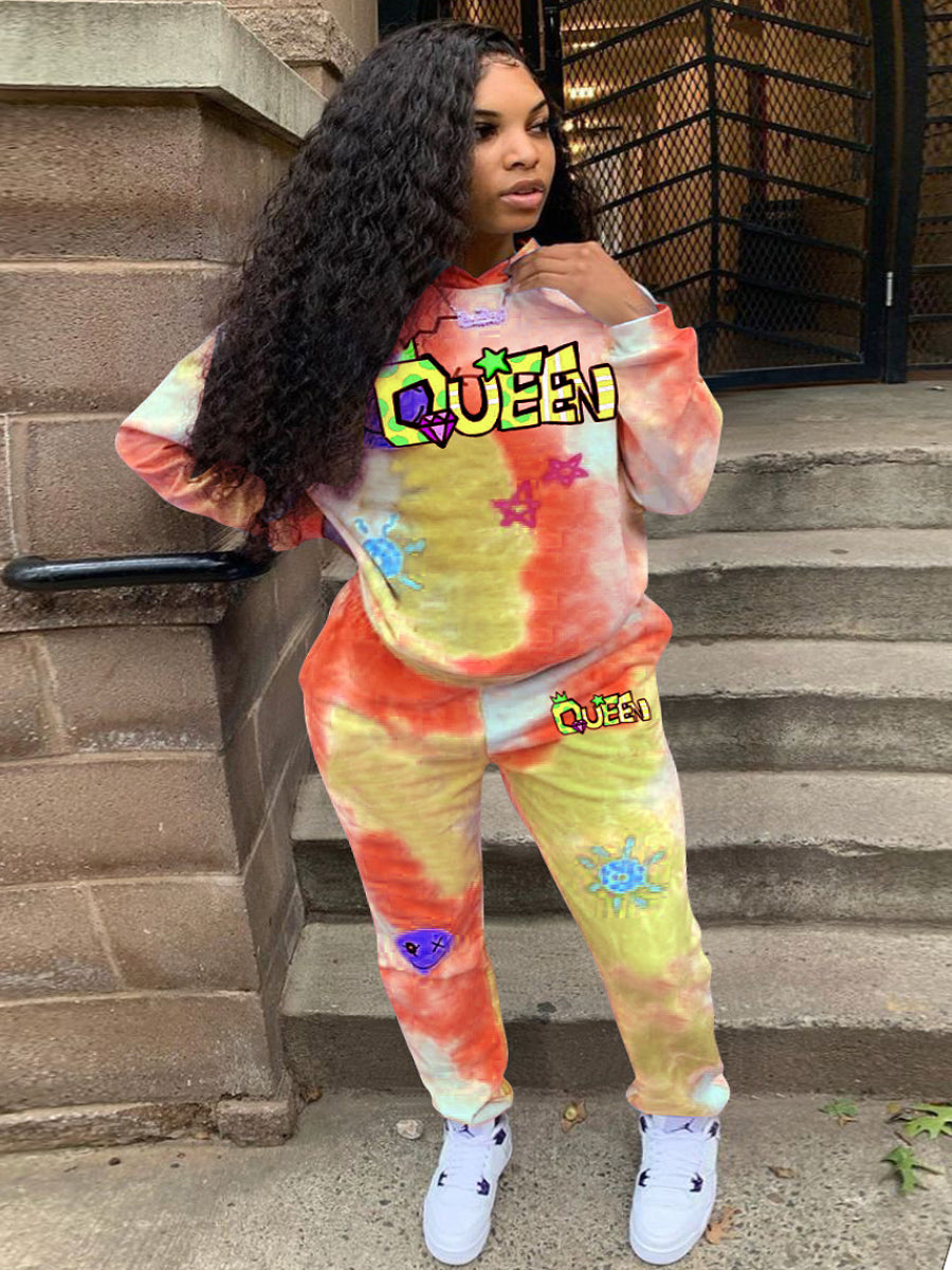 Plus Size Queen Star Letter Print Tie Dye Tracksuit Set BO3037