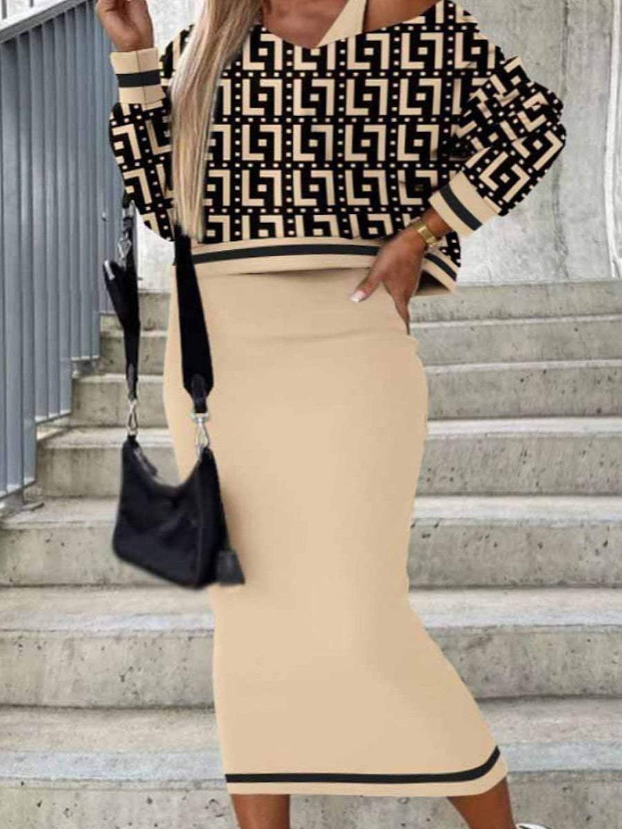 Plus Size V Neck Geometric Print Striped Skirt Set AC2065