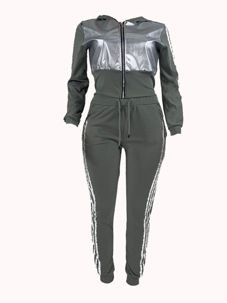 Plus Size Hooded Collar Striped Tracksuit Set AT9037