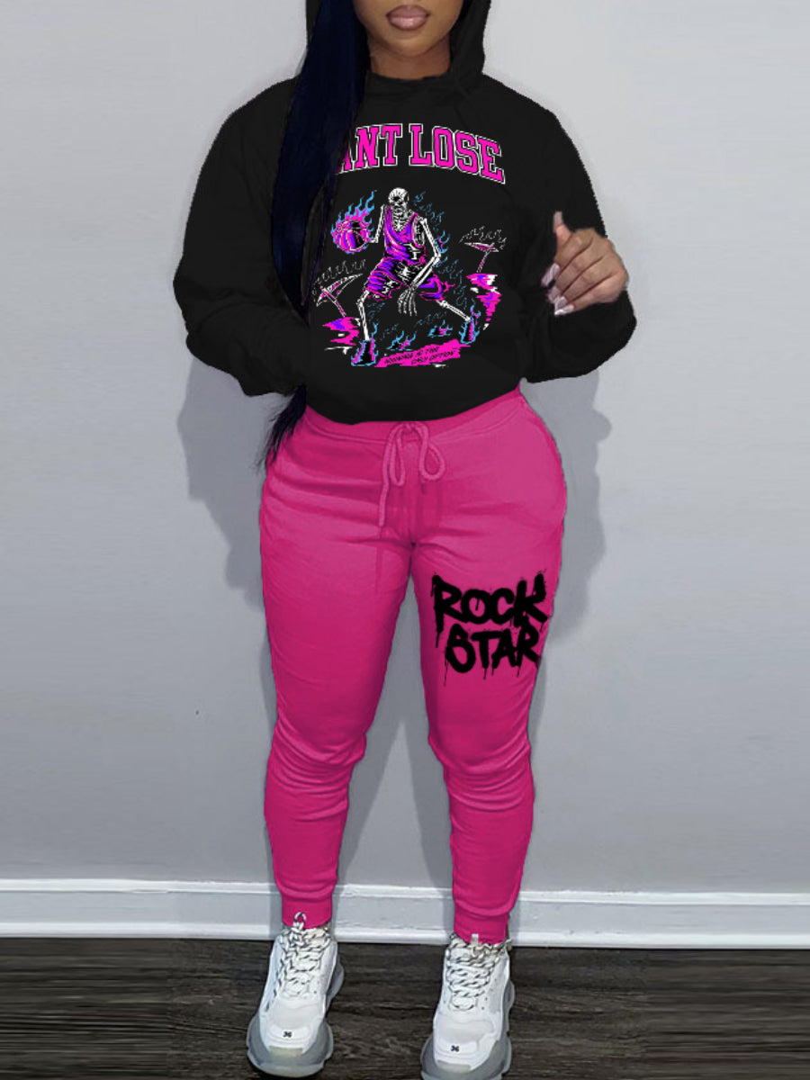 Skeleton Letter Print Kangaroo Pocket Tracksuit Set BO3051