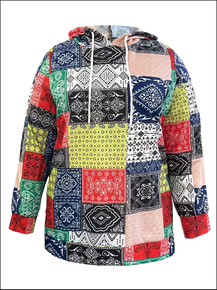 Plus Size Hooded Collar Cashew Print Hoodie BO2145