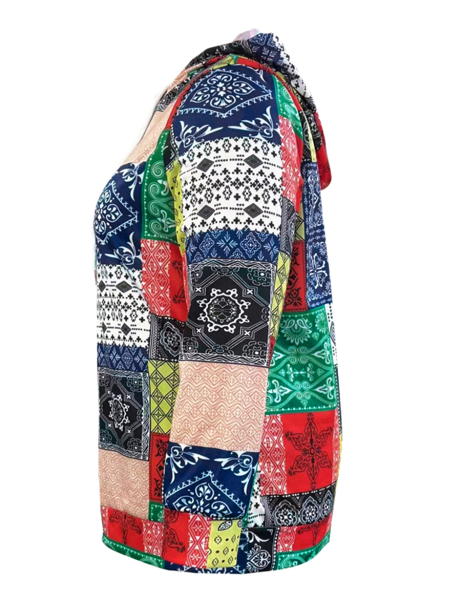 Plus Size Hooded Collar Cashew Print Hoodie BO2145