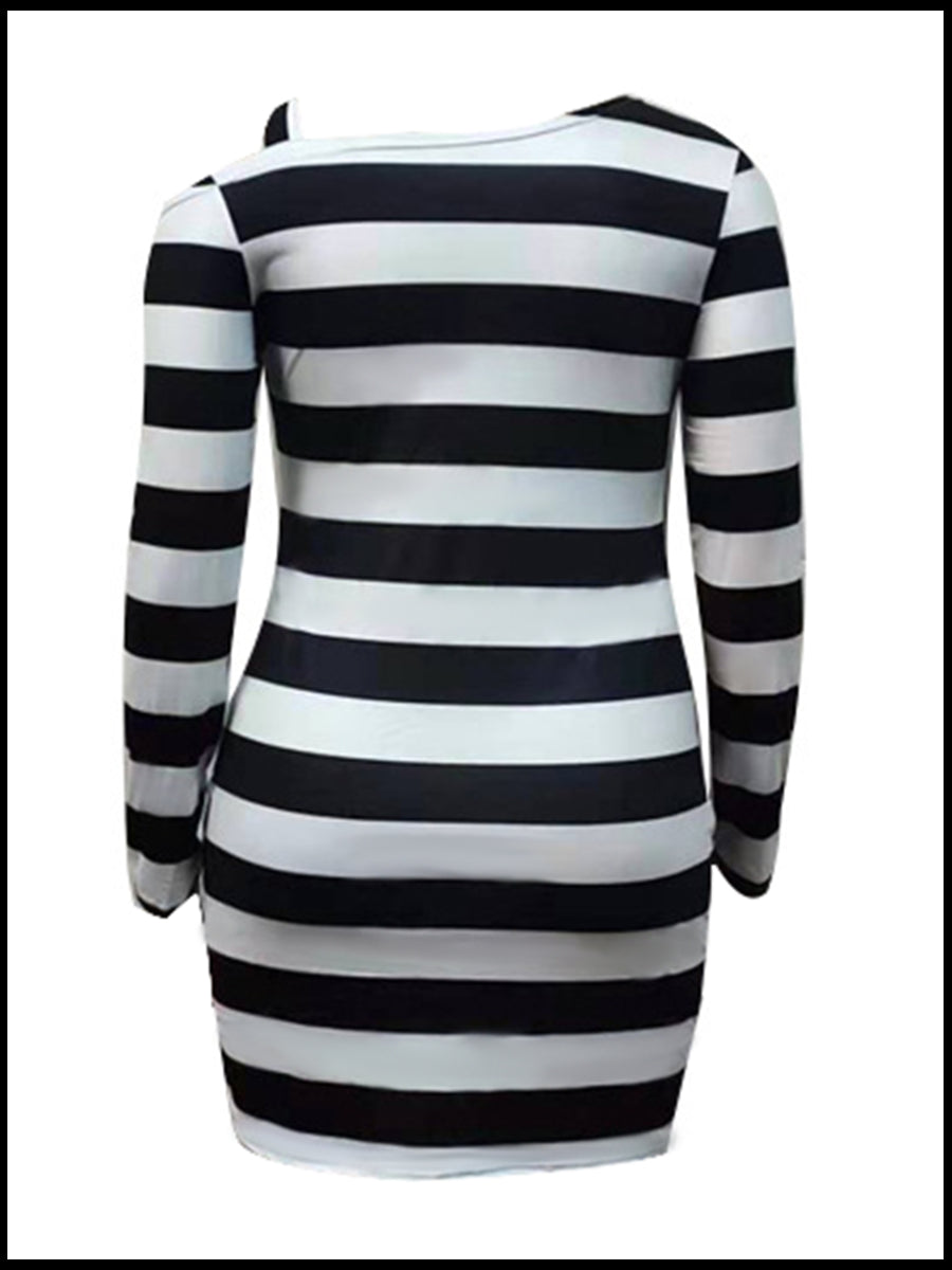 Plus Size Inclined Neck Striped Bodycon Dress BO5029 Furdela