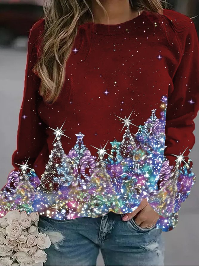 Women's Black Sweatshirt Colorful Christmas Tree Printed PJ18