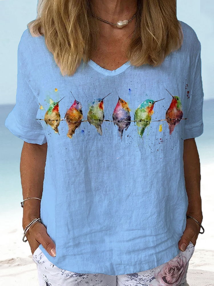 Women's Watercolor Hummingbirds Print Lounge Top F4153