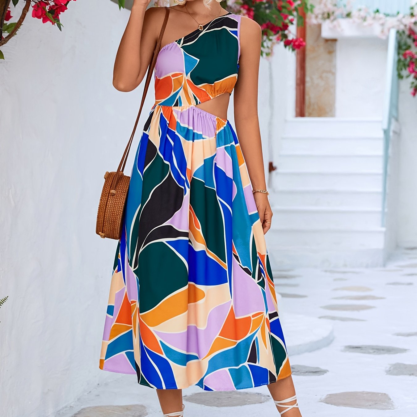 Colorful Print One Shoulder Dress, Waist Cut Out Sleeveless Dress For Summer & Spring, Women's C AE1013