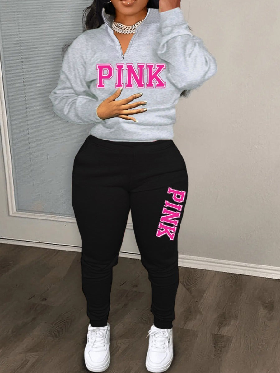 Plus Size Letter Print Zipper Design Pants Set AT9021
