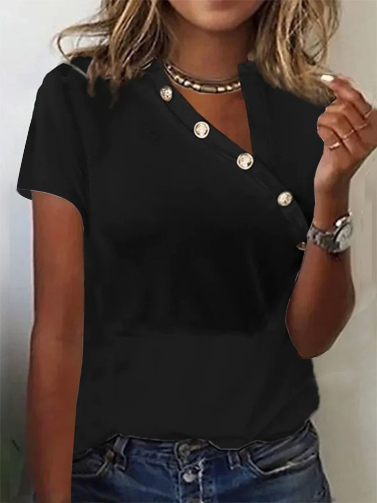 Asymmetrical Collar Buttoned Casual T-Shirt cc148