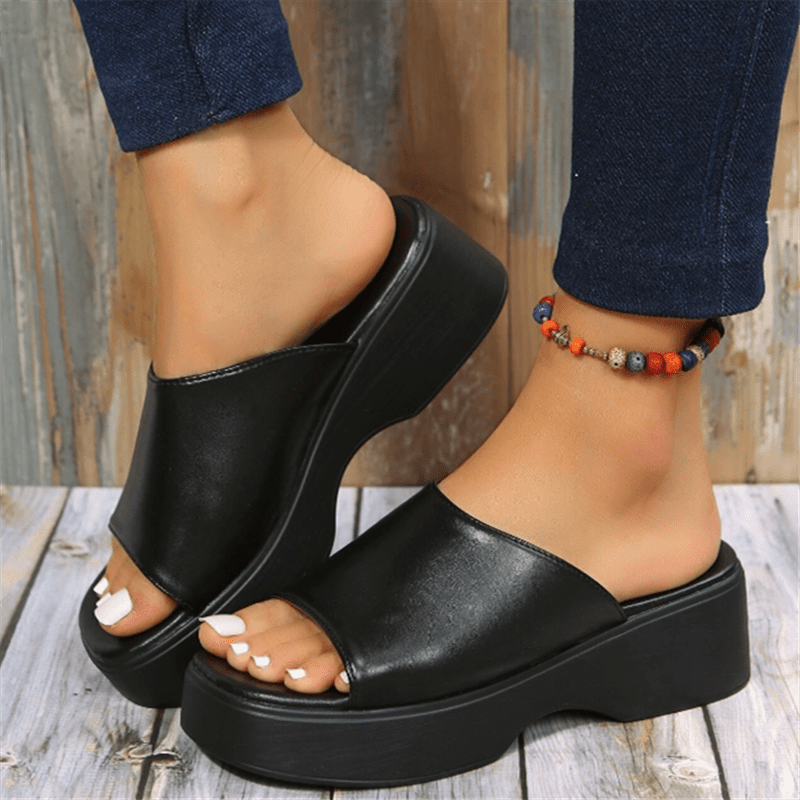 Women's Platform Wedge Slides, Black Square Open Toe Non Slip Slippers, Fashion Outdoor Slides SE1046