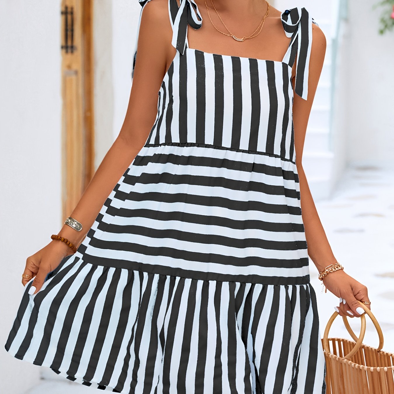 Cute Striped Loose Cami Dress, Sleeveless Casual Dress For Summer & Spring, Women's Clothing AE105