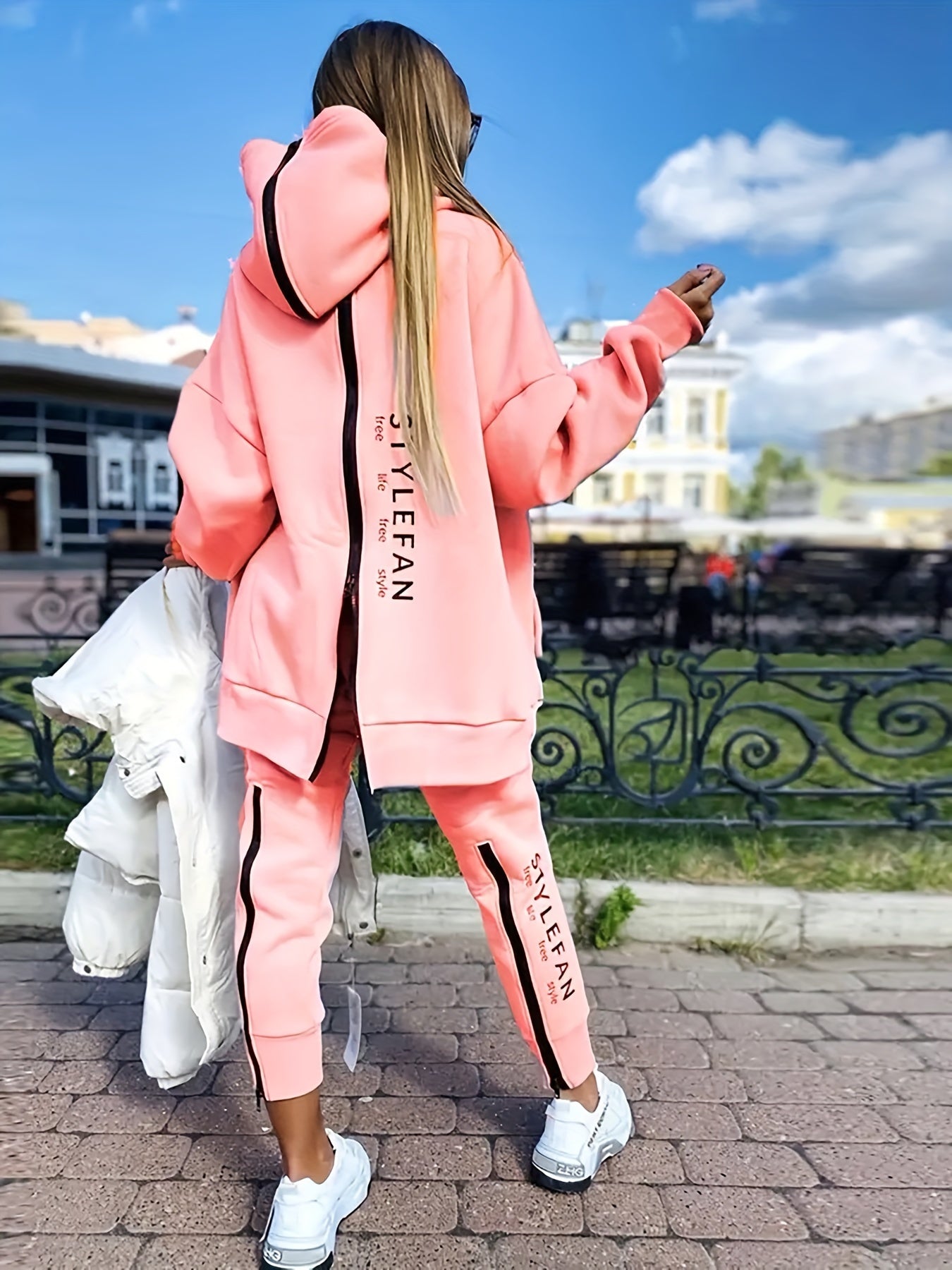 Zipper Back Drop Shoulder Hoodie & Elastic Waist Casual Pants Outfits FY8741 Furdela