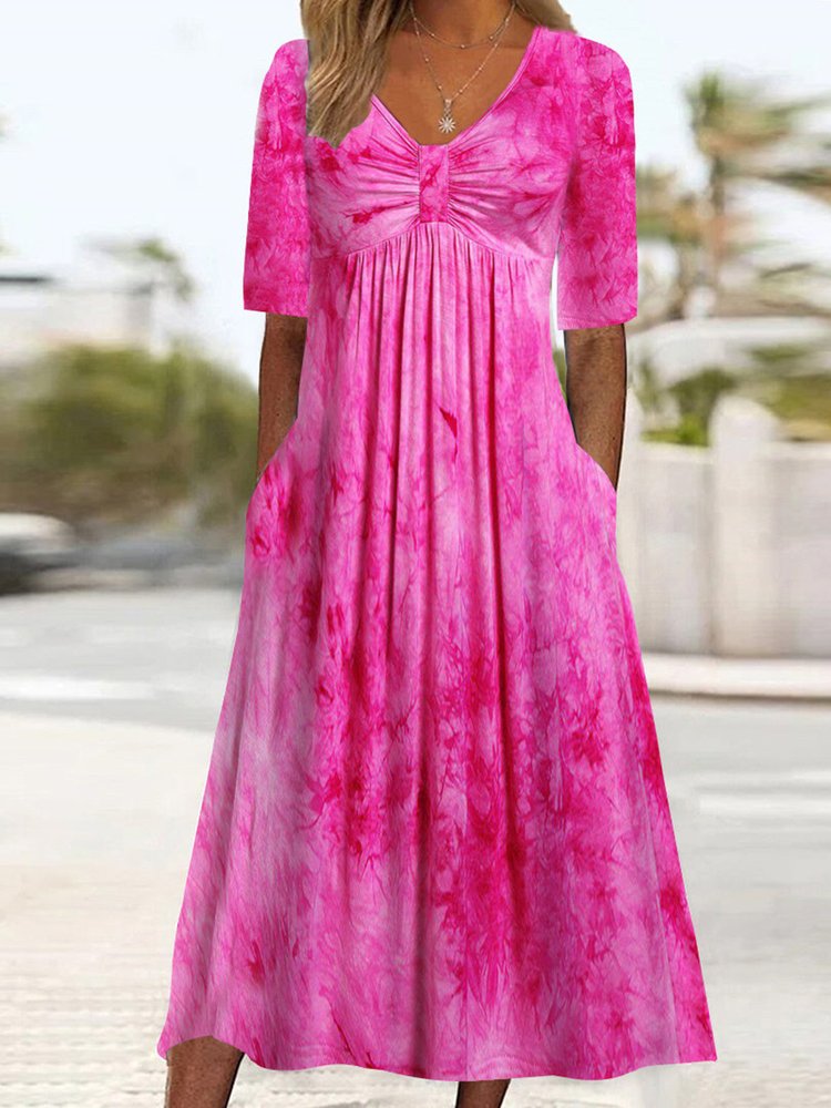 Womens V Neck Loose Tie Dye Vacation Dress QY55