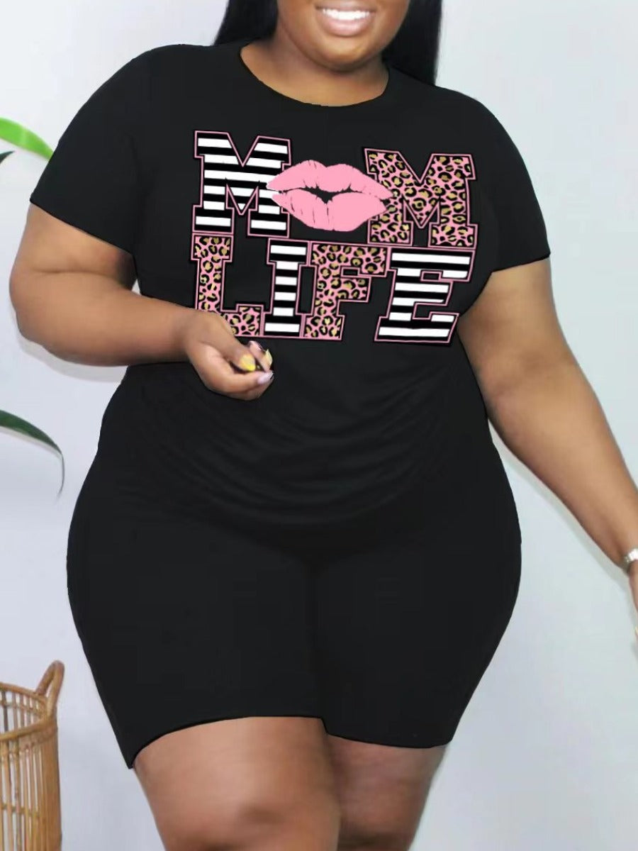 Plus Size Lip Letter Print Shorts Set AR5060