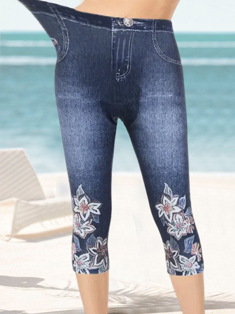 Tight Vacation Geometric Skinny Capri Leggings Faux Denim Flower Print Leggings Elastic Waist Summer Casual Leggings QN104