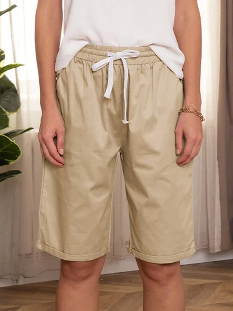 JFN Elastic Waist Solid Causal Pockets Shorts QK96