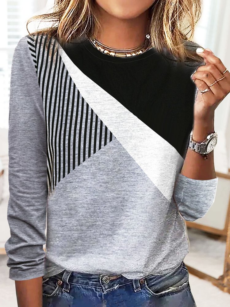 Striped Patchwork Contrast Printed Casual Long-sleeve T-shirt QH104