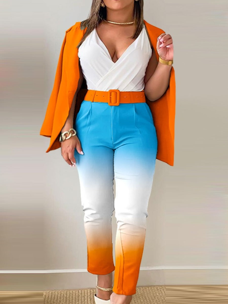 Plus Size Letter Print Belt Design Blazer Pants Set BO3021