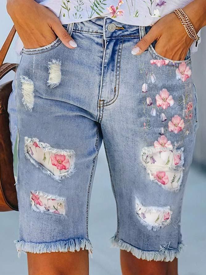 Floral Denim Loose Casual Denim Shorts QB119