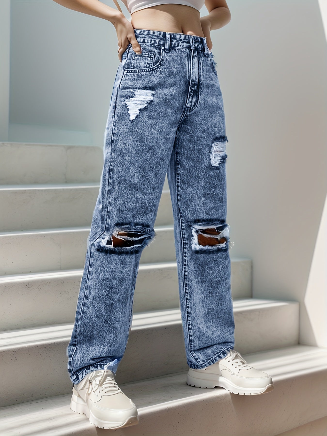 Ripped Holes Washed Straight Jeans TY6521 Furdela