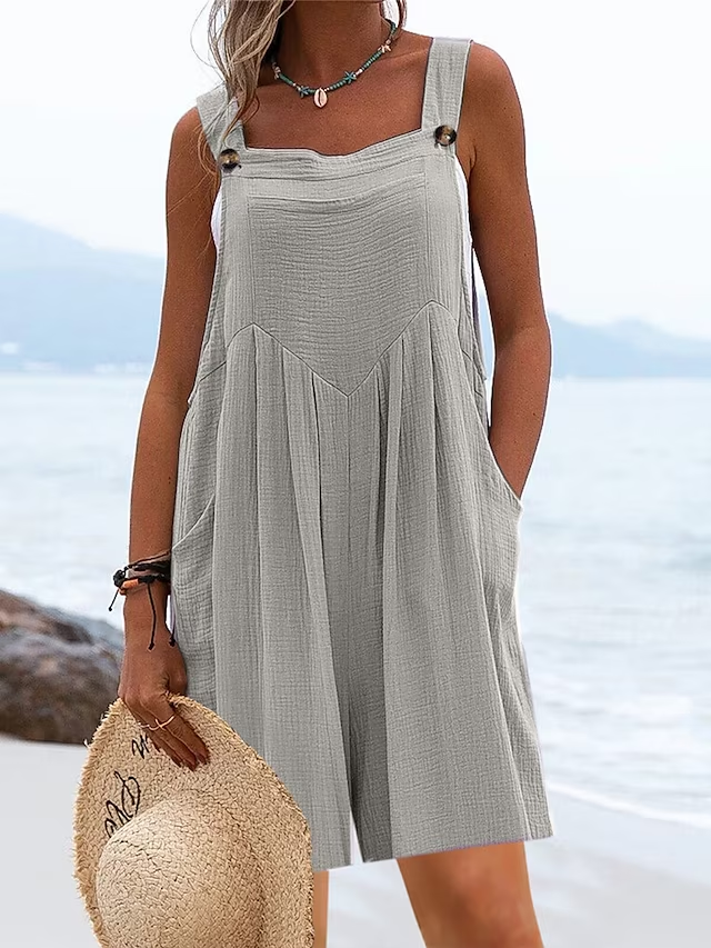 Buttoned Loose Linen Cotton Bib Pants QN106