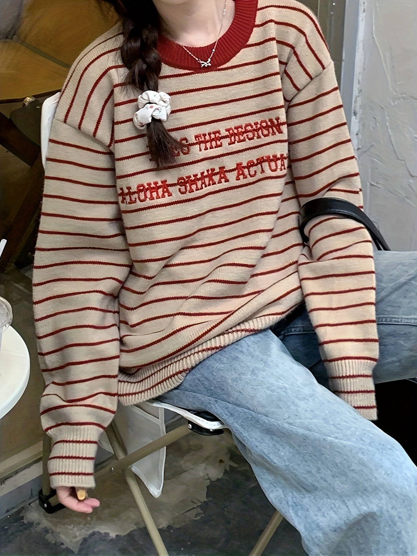 Letter Pattern Striped Pullover Sweater KR9143 Furdela