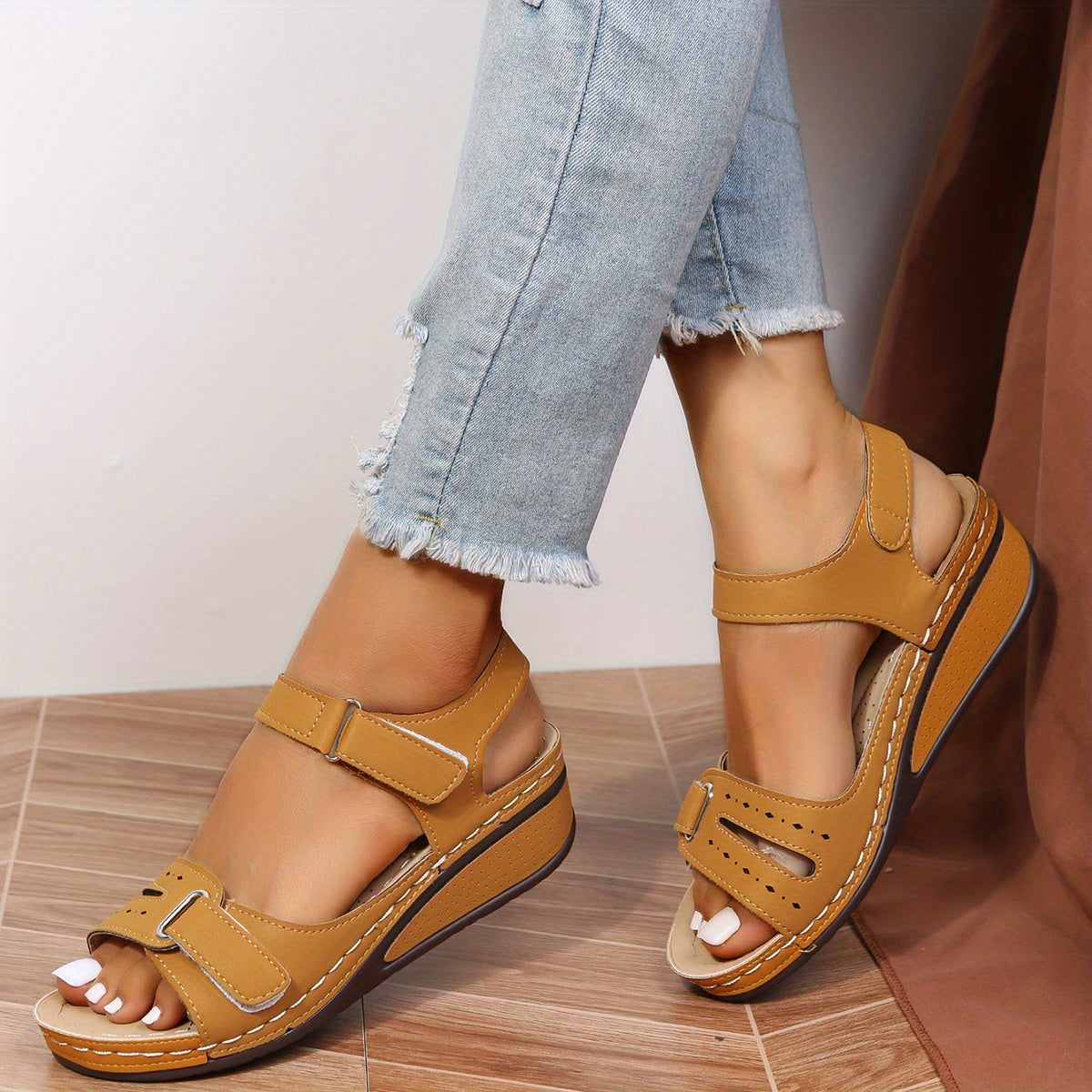 Women's Solid Wedge Sandals, Hokk & Loop Straps Open Toe Anti-skid Shoes, Arch Support Sandals SE1036
