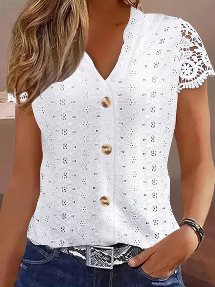 Loose Casual Lace V Neck Blouse QH79