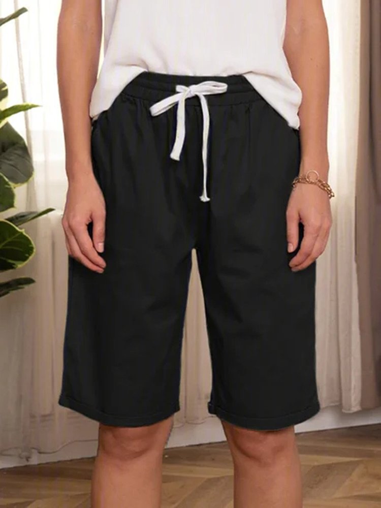 JFN Elastic Waist Solid Causal Pockets Shorts QK96