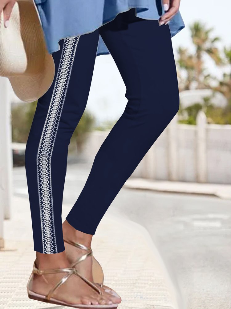 Dark blue folk flower elastic waist Leggings QS75