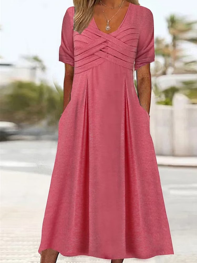 Plain V Neck Loose Casual Plain Pocket Knot Front Dress QM72