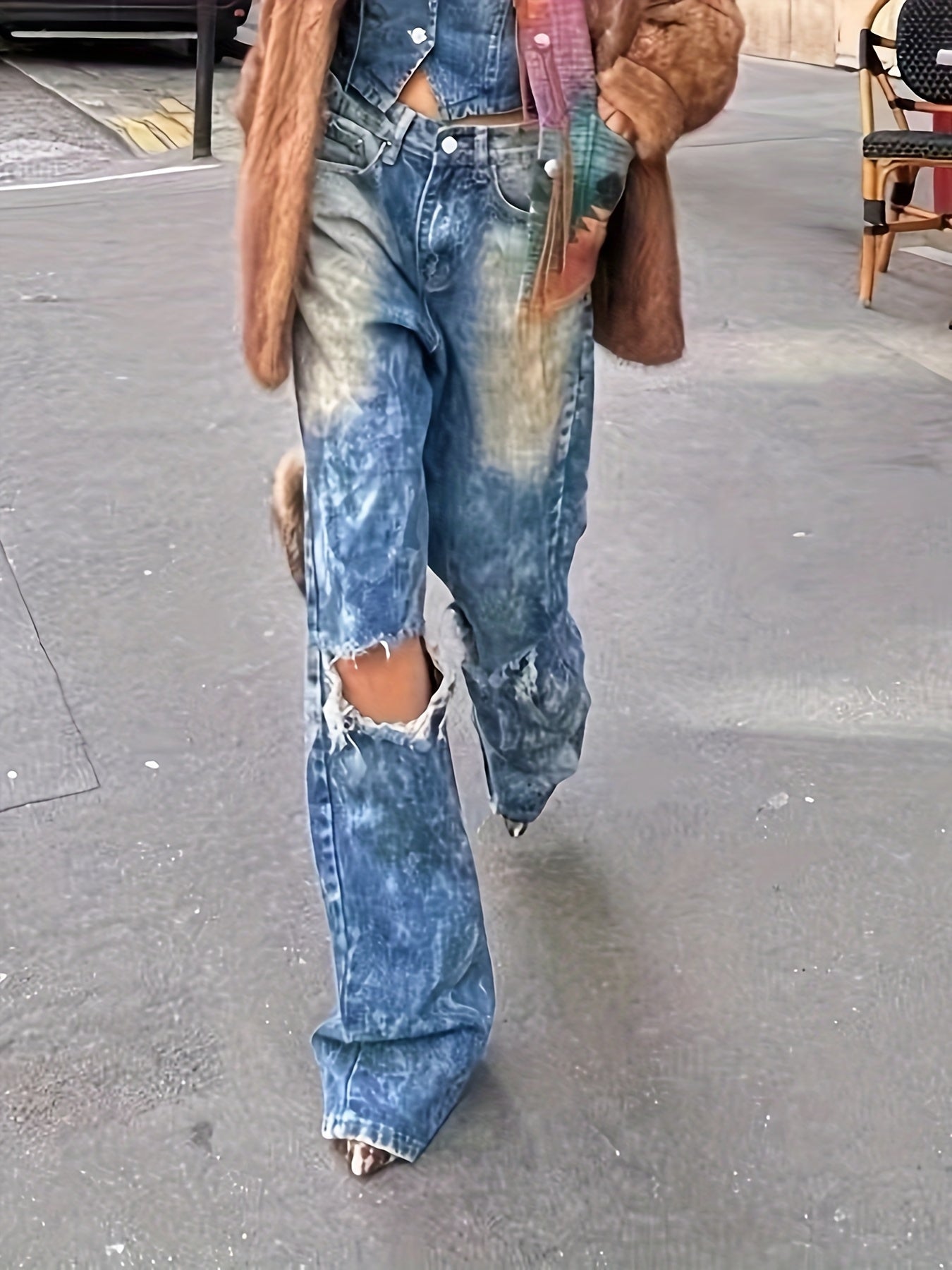 High Waist Slant Pockets Distressed Chic Denim Pants YH1789 Furdela