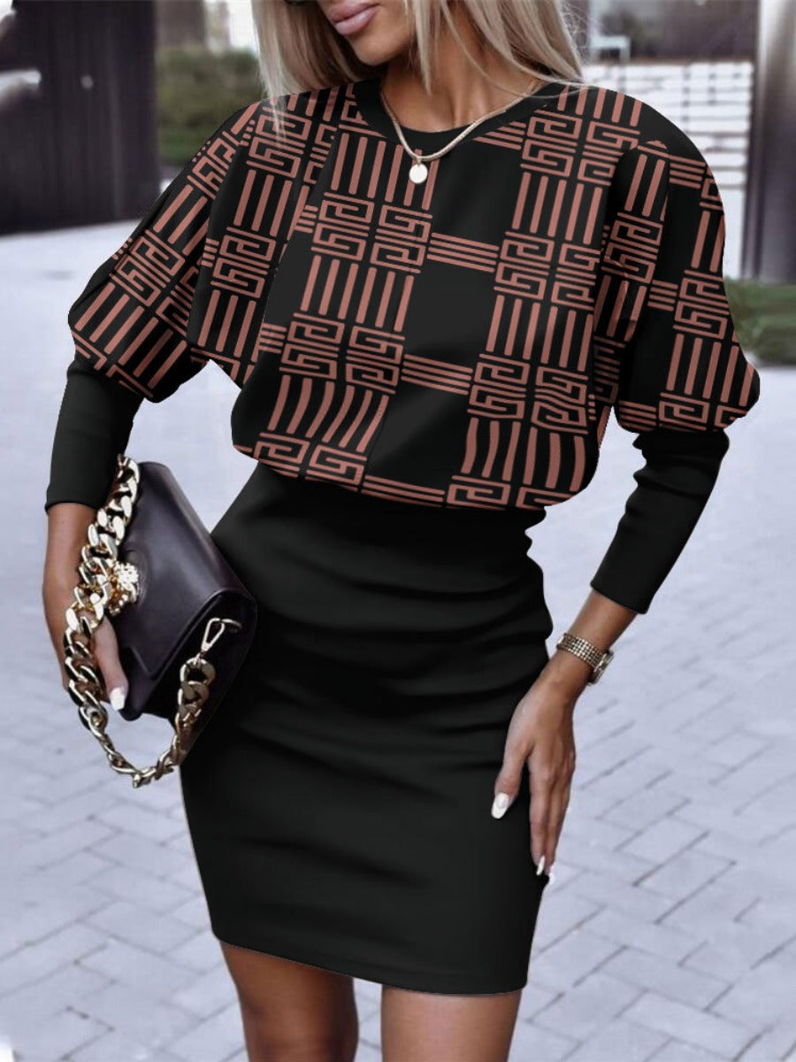 Plus Size Lantern Sleeve Geometric Print Dress AR50135